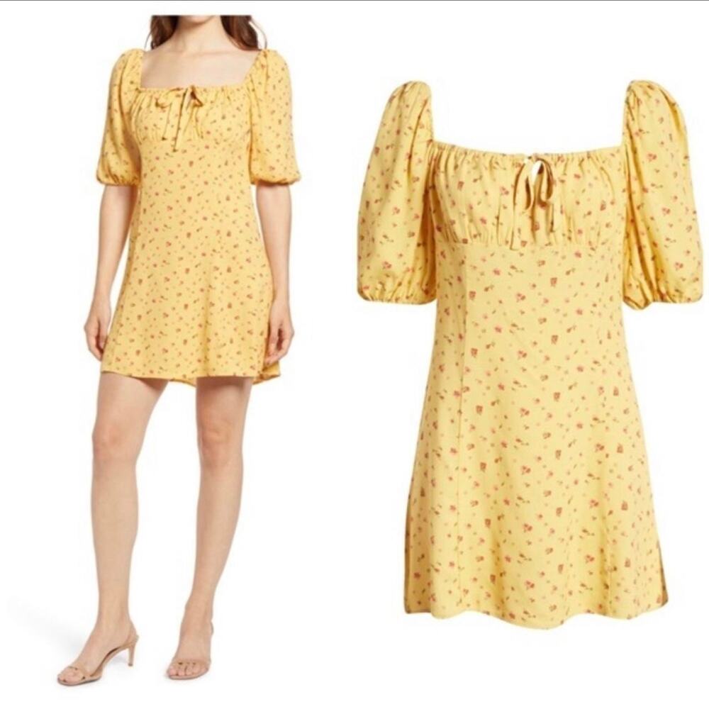 Reformation Sette Floral Mini Dress Yellow Front Tie Back Zip Puff Sleeve Sz 8